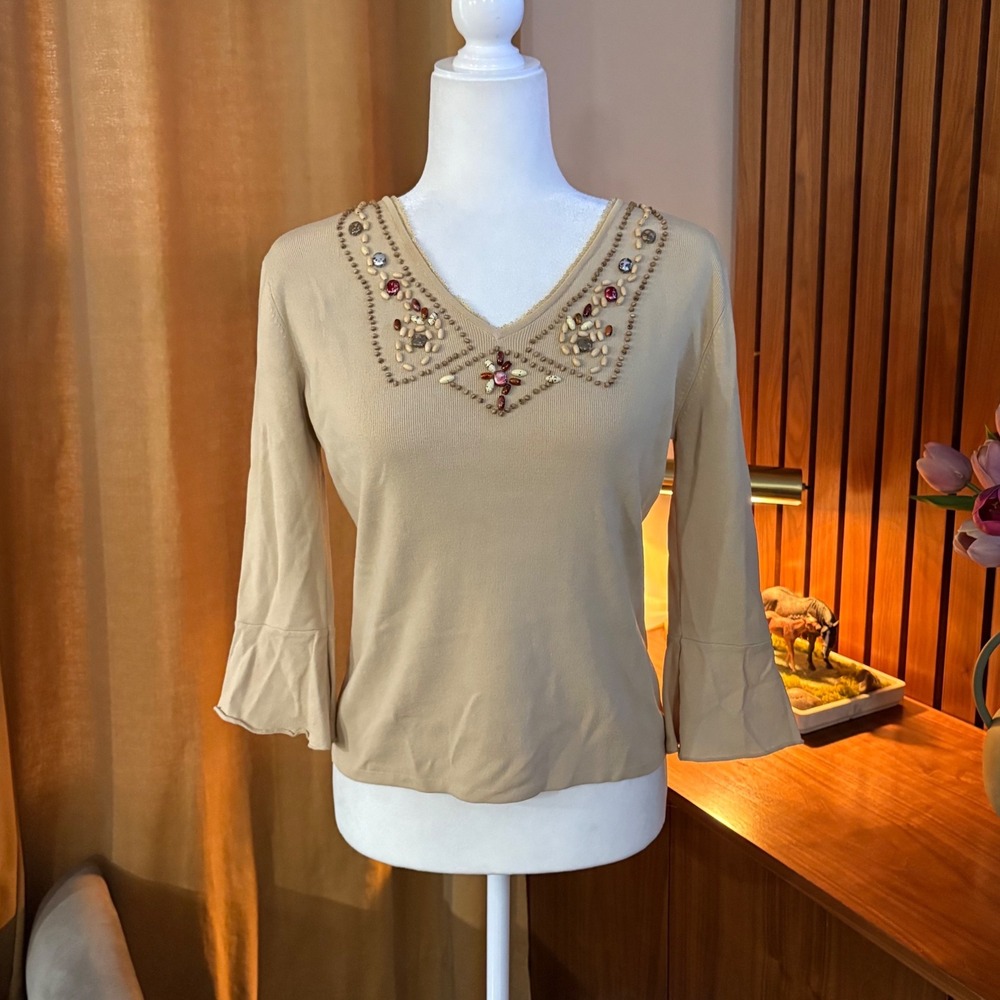 Vtg J.A.C. Womens Tan Beaded V-Neck Bell Sleeve Viscose Blend Sweater Top Large